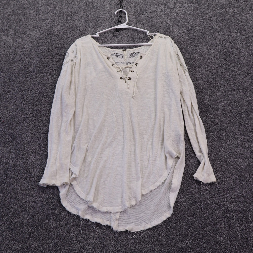 Free People Top Womens Medium Ivory Lace Up V Neck Linen Blend Boho